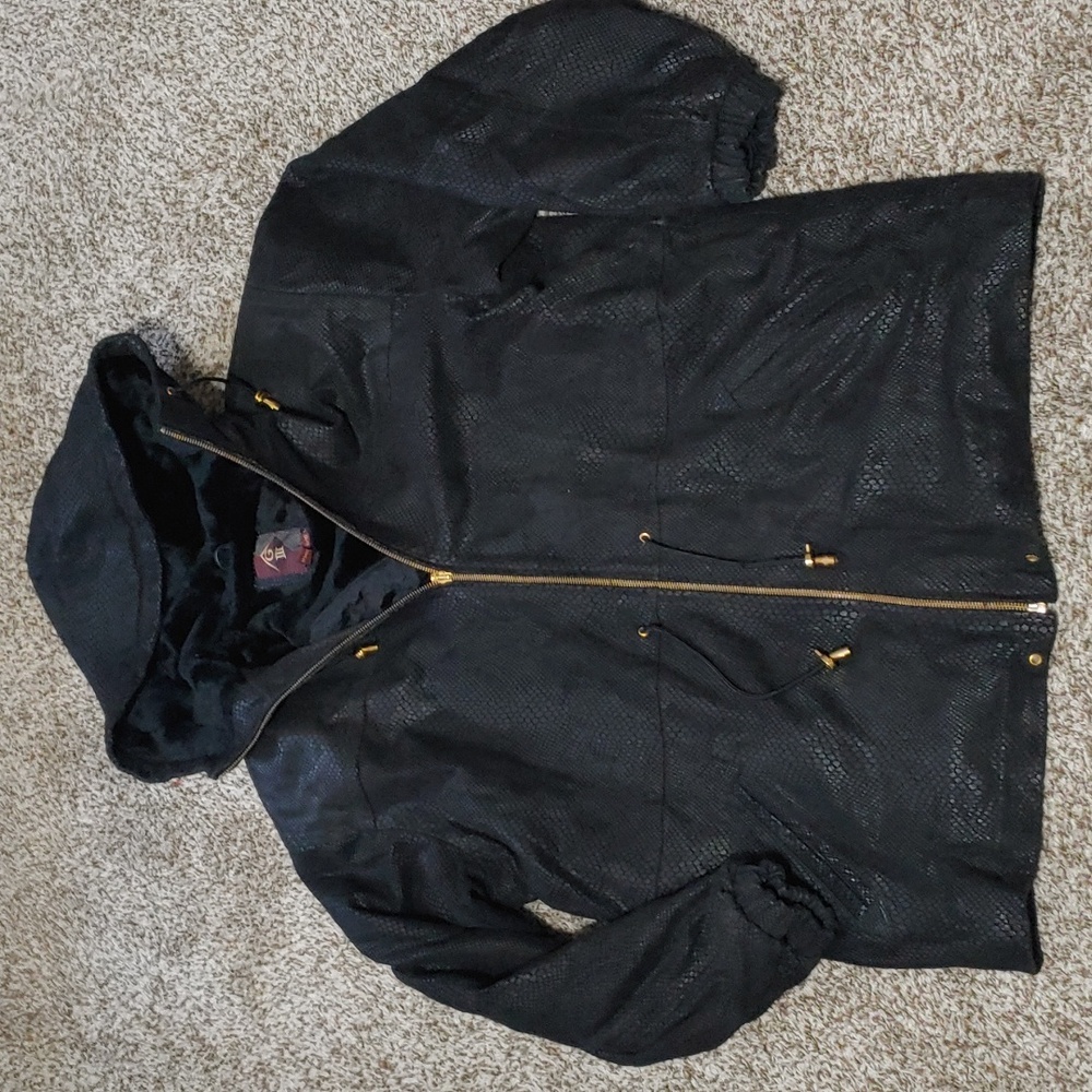 VTG G-III Women's Black Leather Coat Snakeskin Print Long Hood Jacket Size Large